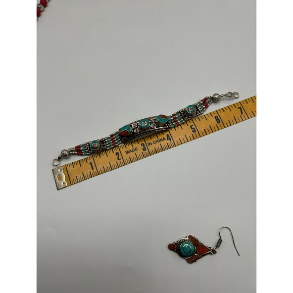 Tibetan Turquoise Coral Jewelry Set • Necklace Bracelet Earrings • Boho Artisan - Picture 5 of 6